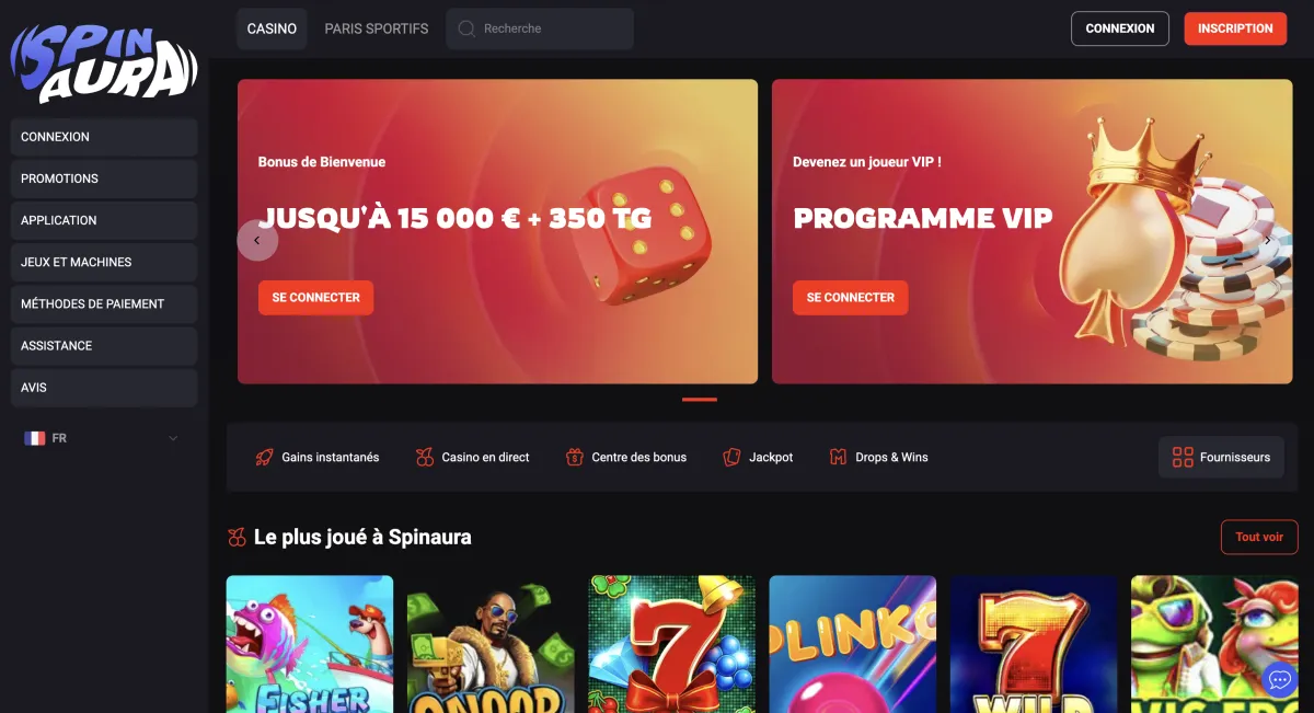 Capture d'écran du casino SpinAura - casino sans wager n°2